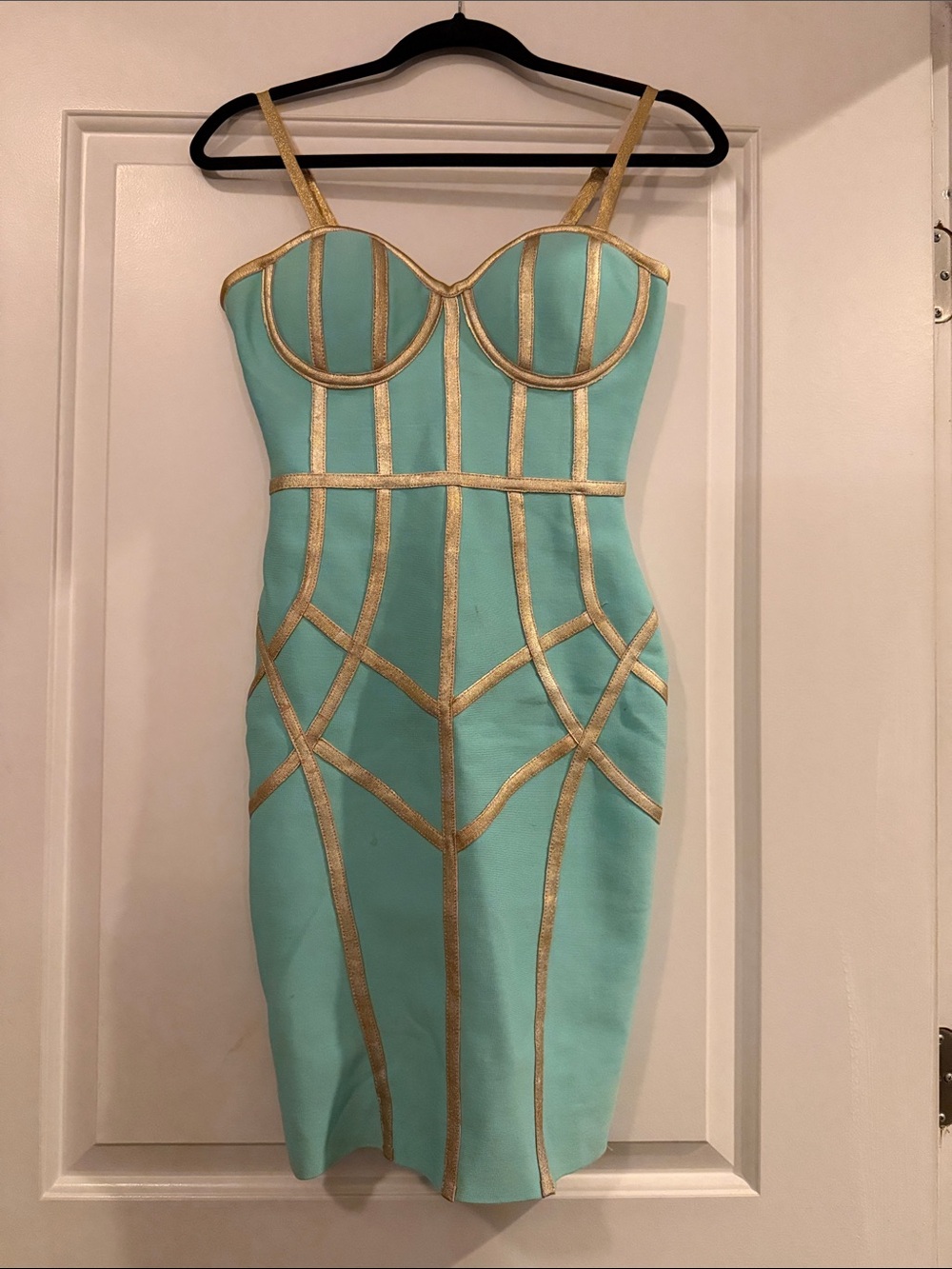 Aqua Bandage Dress with Gold Trim
